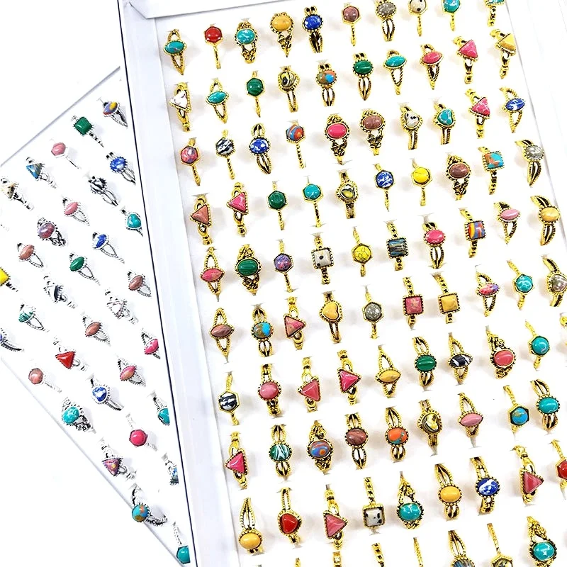 50pcs/Lot Vintage Rings For Women Antique Golden Silver Plated Bohemia Stone Ring Party Gift Fashion Accessories Wholesale Lot