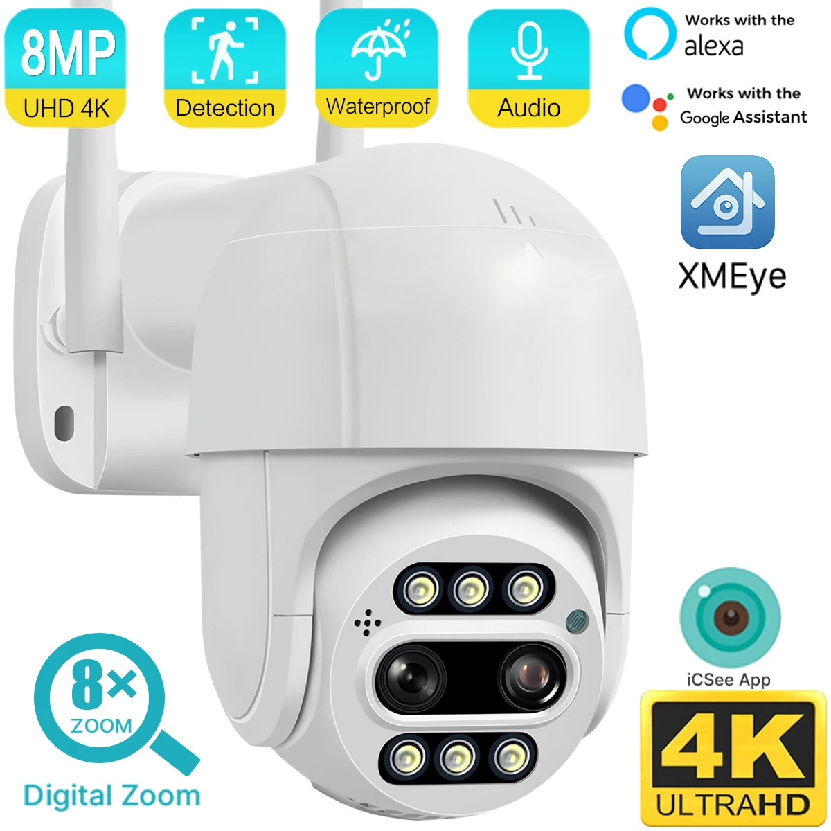 8MP 4K Wifi IP Camera Dual-Lens 8x Digital Zoom AI Human Tracking PTZ Speed Dome Camera Outdoor CCTV Video Surveillance Camera