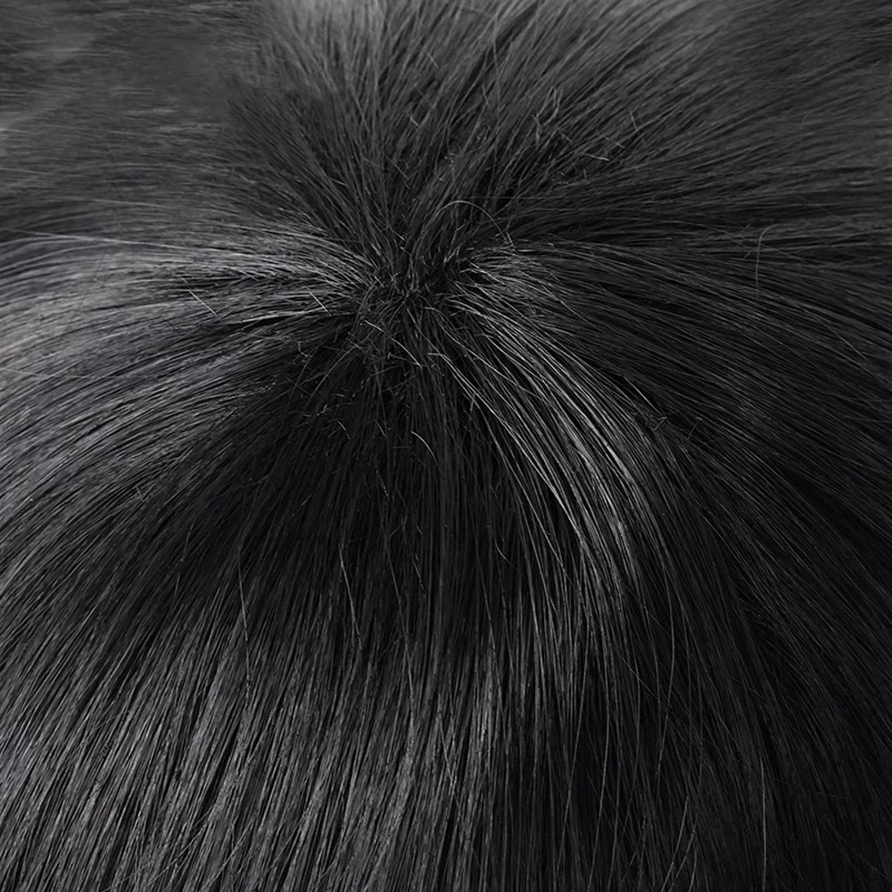 Synthetic Short Black Straight Wig with Bangs for Men and Women Daily Cosplay Anime Halloween Party Realistic Fake Hair - 6