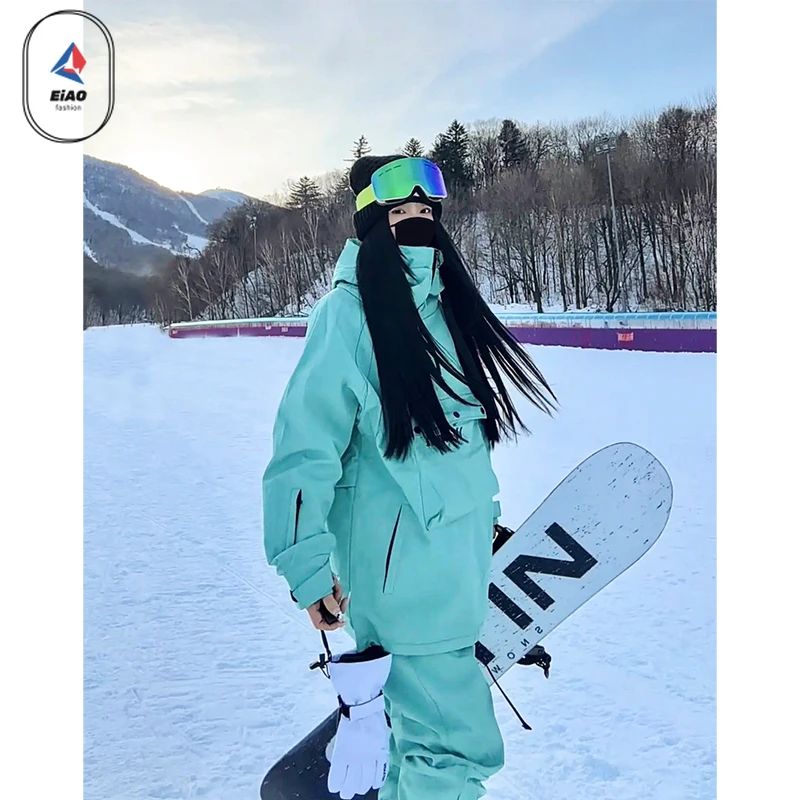 Windproof Waterproof Ski Suit Set with Fleece Lining Hooded Jacket Pants for Men Women Snowboarding Winter Sports Fashion Outfit