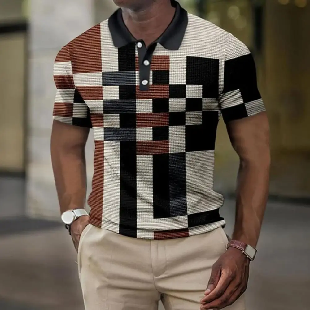 Men's Summer Shirt Lapel Short Sleeve Contrast Stripe Colorblock Pullover Slim Casual Daily Top