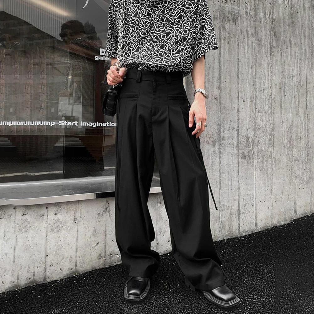 

2023 Spring Summer Fashion Pleated Design Wide Leg Pants Men Lazy Loose High Waist Casual Trousers Male Solid Long Suit Pants