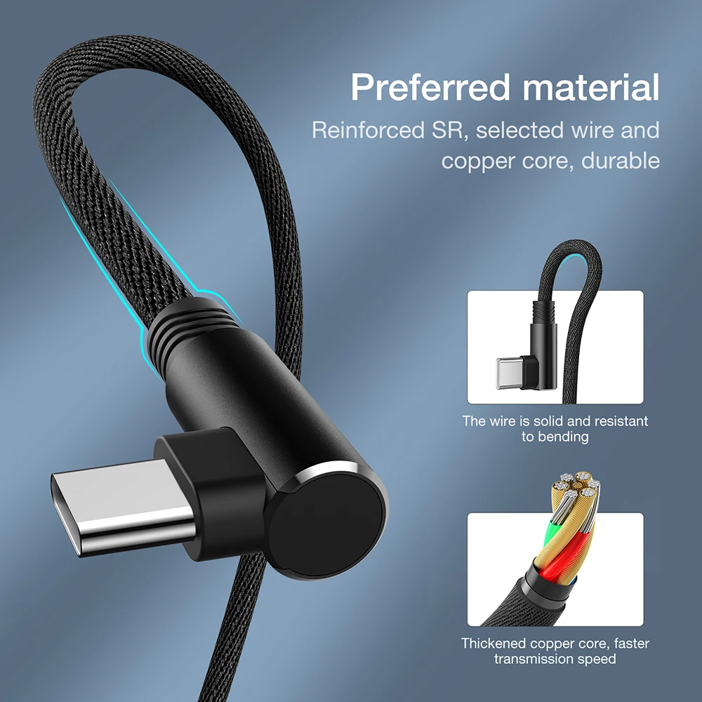 Elbow 90° USB-C Fast Charging Cable - Durable Nylon Braided Data Charger, Available in 1m, 2m, and 3m Lengths