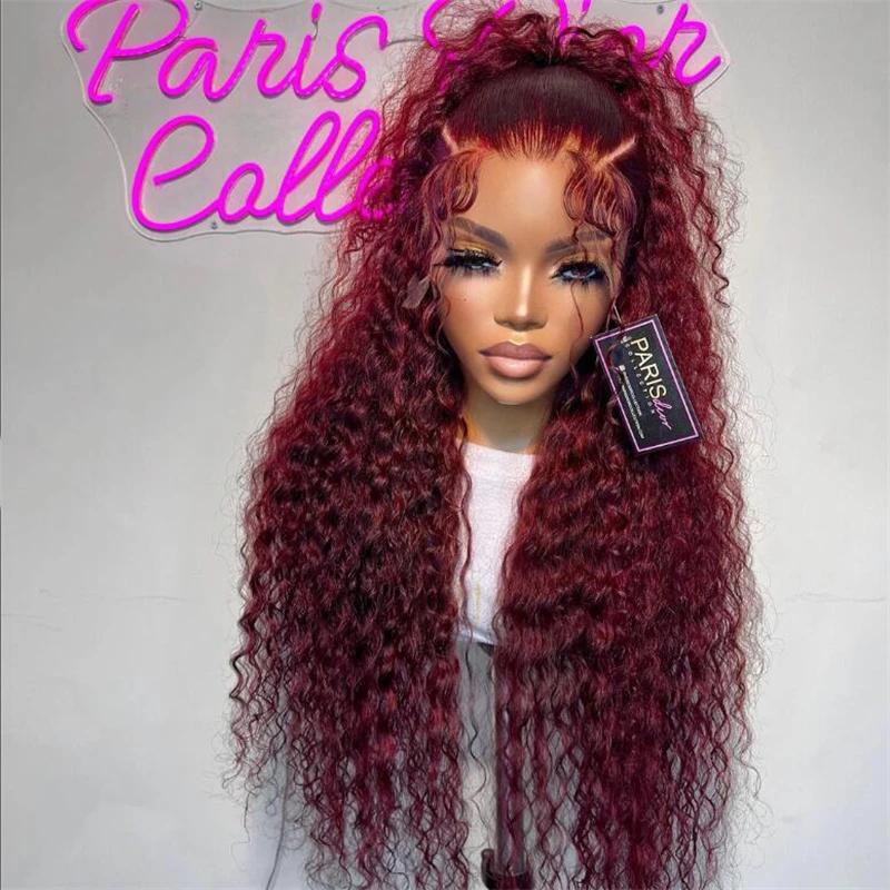 

Burgundy Soft 26Inch Long Kinky Curly 99j Glueless 180% Density Wine Lace Frontal Wig For Black Women Babyhair Preplucked Daily