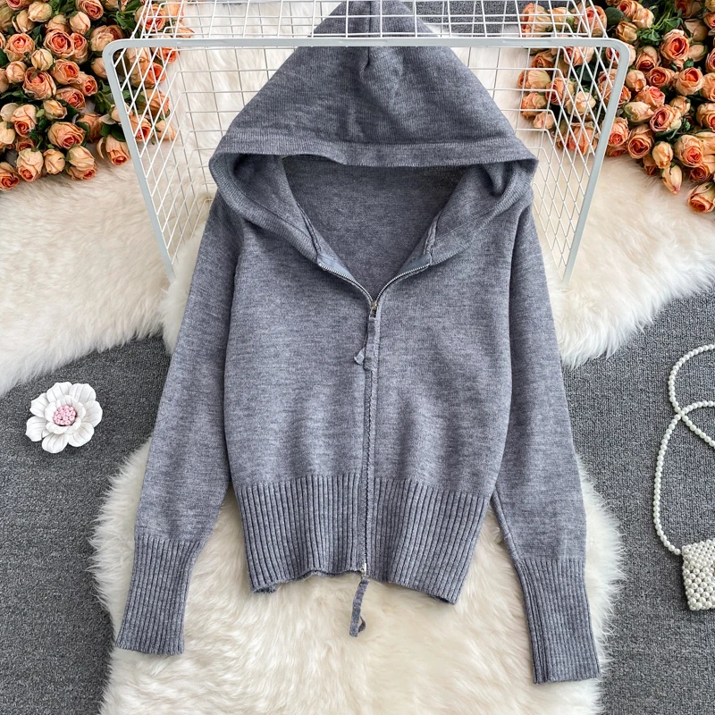 

Vintage Solid Hooded Knitted Zipper Cardigan Sweaters Women's Autumn Winter Casual Lantern Sleeve Fashion Short Jacket