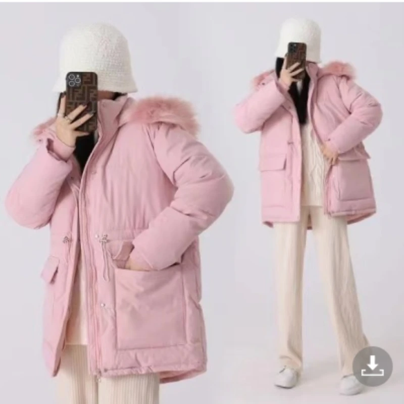 Winter Pregnant Women's White Duck Down Coats Short Design Drawstring Waist Thickened Jackets with Large Fur Hat Maternity Coat