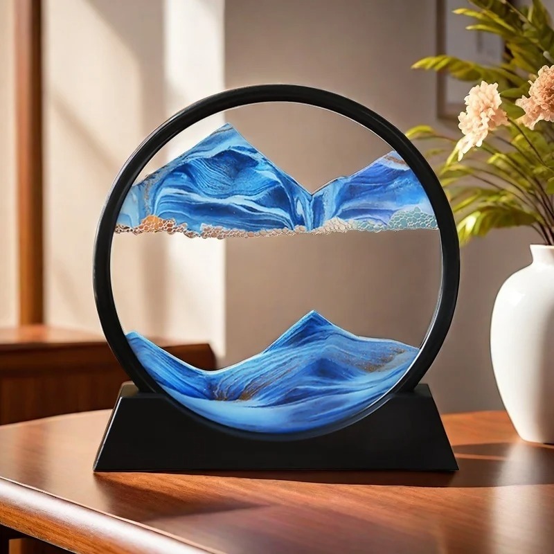 Dynamic hourglass desktop decoration, office and home glass sand art dome, 3D sand art glass decoration blue, red, and yellow