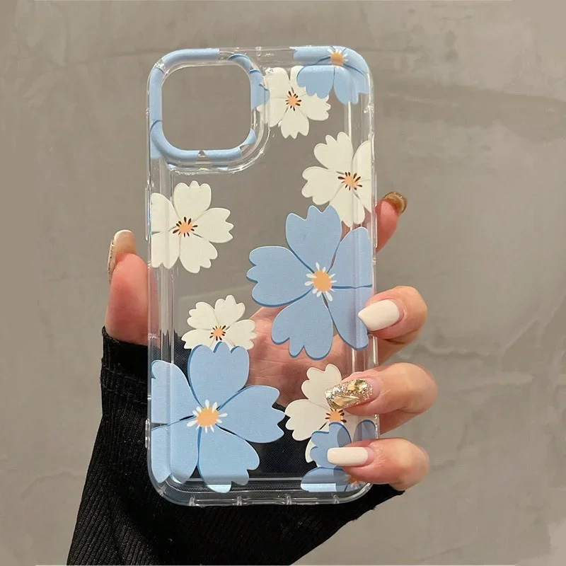 Summer Blue Large Flower Pattern Transparent Soft Phone Case