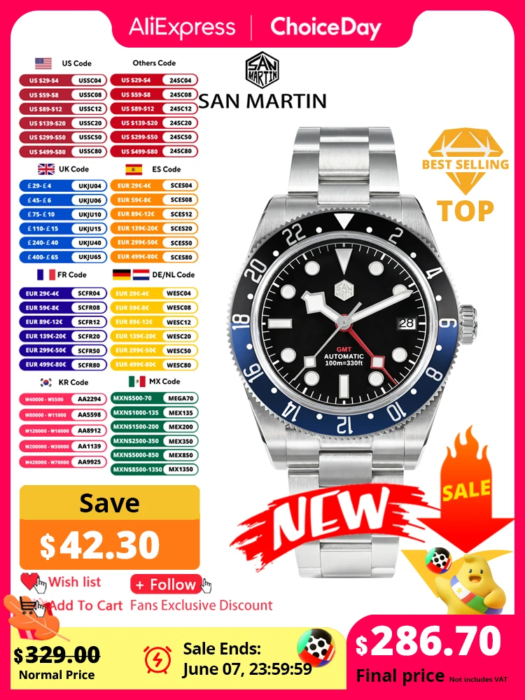 San Martin 2024 NH34 GMT Luxury Men's Automatic Mechanical Bidirectional Aluminum Bezel Watch 3H Date Waterproof 100m SN0109