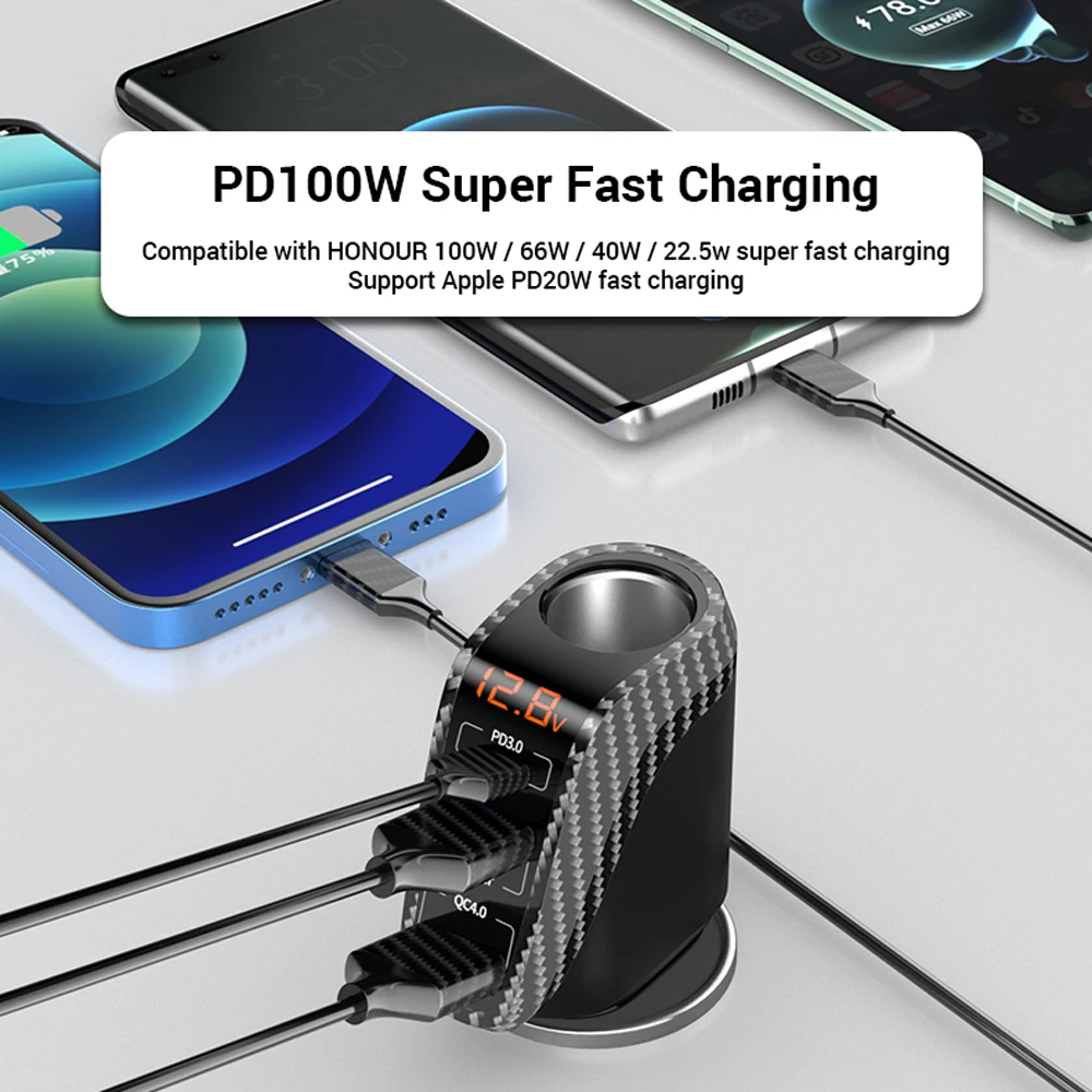 100W USB Car Charger Quick Charge QC3.0 QC4.0 PD3.0 SCP 4 IN 1 Car Super Fast Charging for IPhone 12 13 Xiaomi Huawei Samsung — view 3