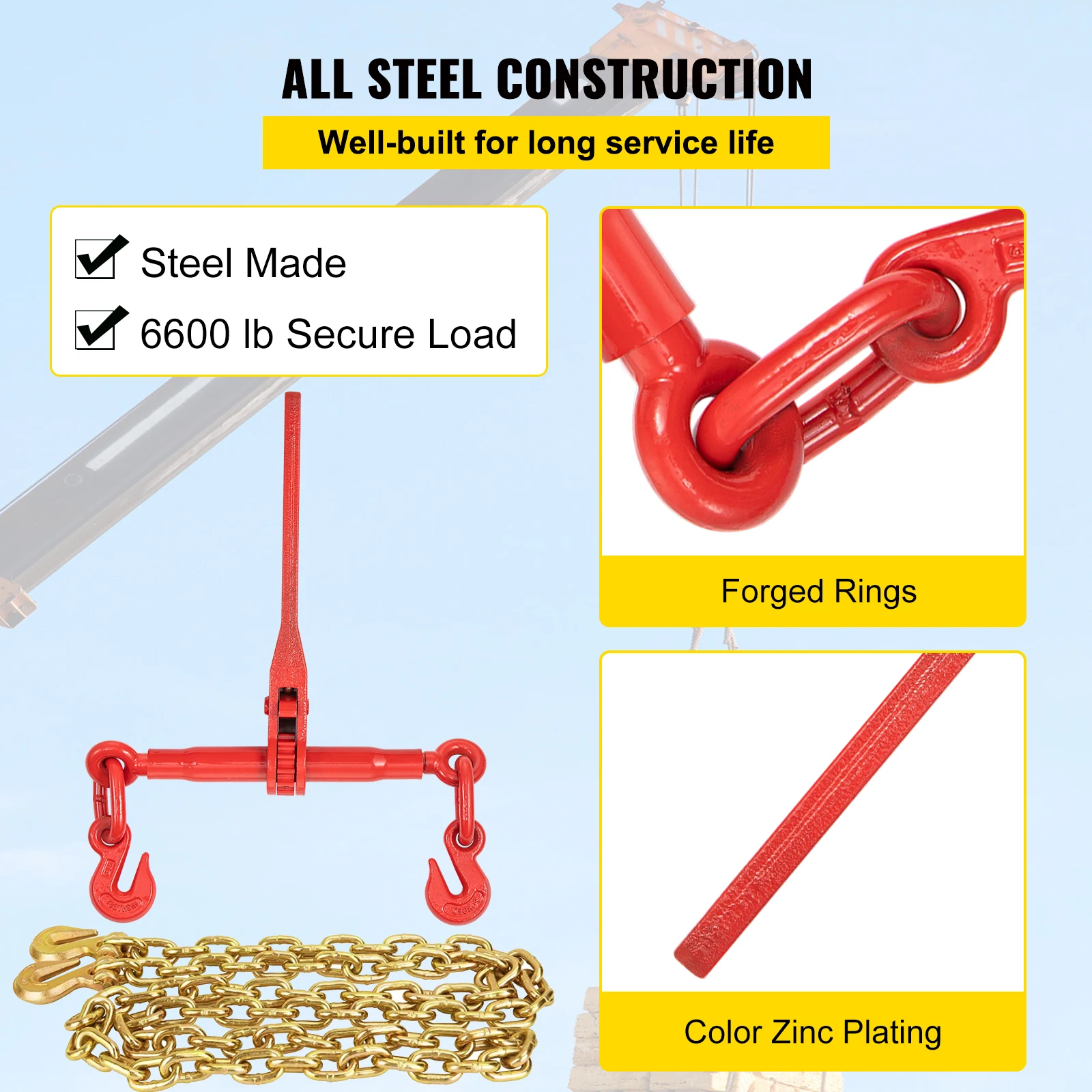 SucceBuy 4Pcs Chain Load Binder 5/16" Tie Down Kit with 5400LBS Working Capacity & 2 Grab Hooks Transport  for Package Towing