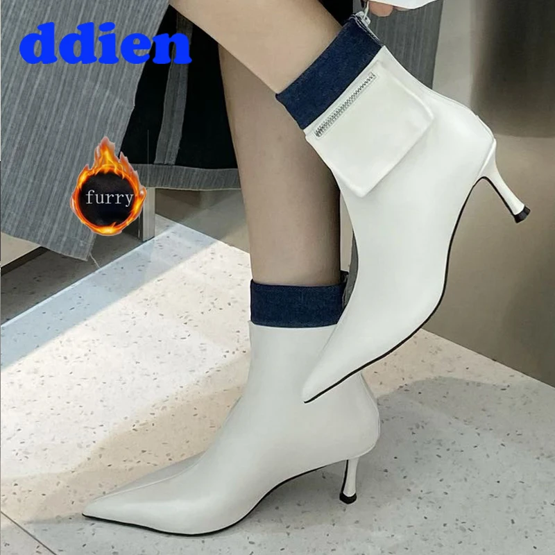 

Теплые меховые короткие сапоги, женская обувь на молнии, модная осенне-зимняя женская обувь, женские ботильоны на высоком каблуке, обувь с острым носком