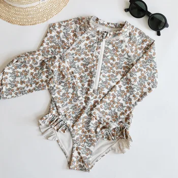 2025 Abiti estivi per neonata infantile Flamingo/Fiore Stampa Manica lunga Cerniera Costumi da bagno Tuta Fascia per capelli Costumi da bagno per ragazze 1