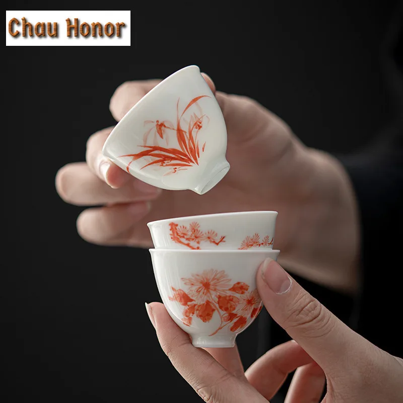 2pc/Set White Porcelain Sample Tea Cup Hand Painted Orchid Art Master Cup Tea Cup Household Kung Fu Tea Set Tea Ceremony 35ml