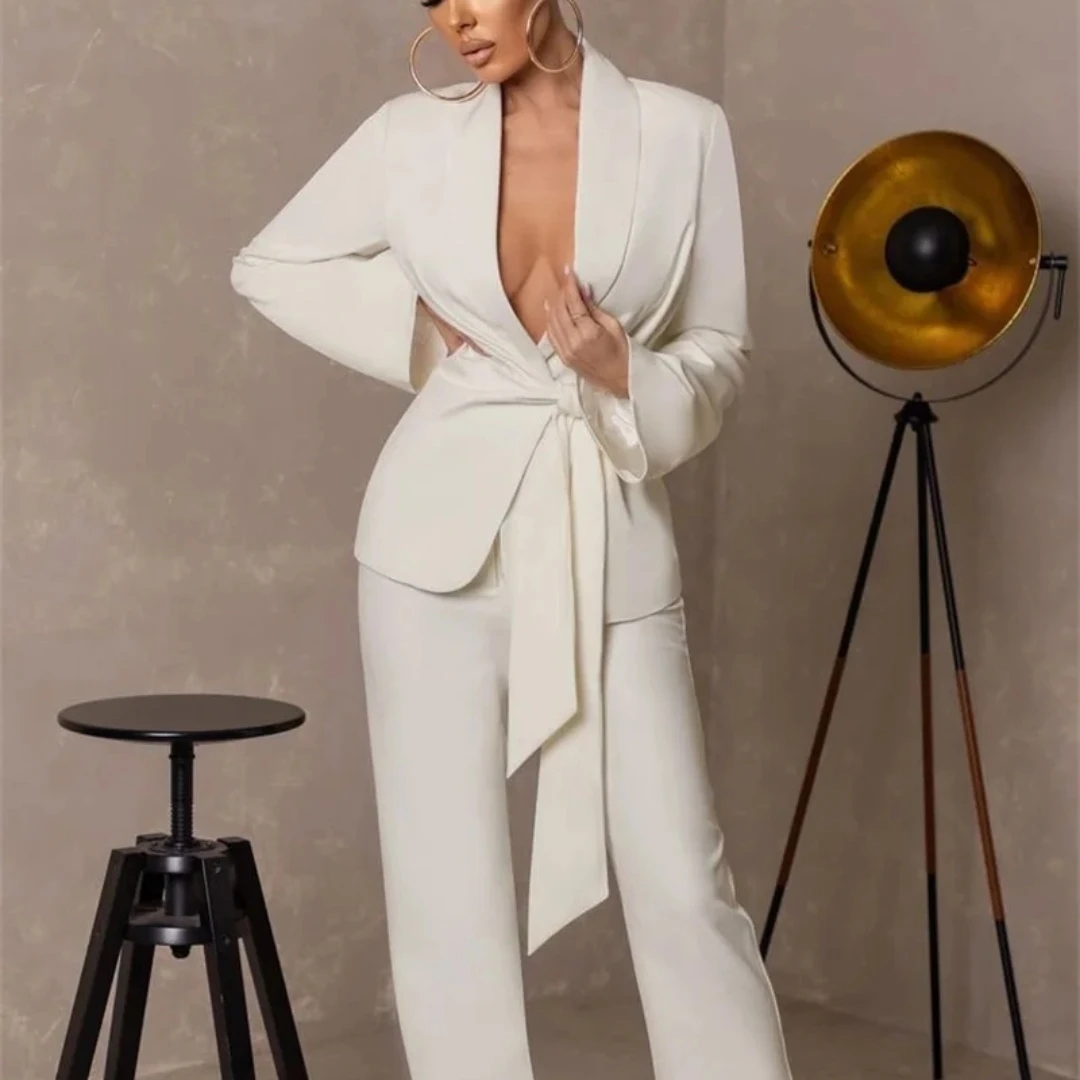 Sexy New Design Women Suits 2 Piecces Formal With Belt Blazer Pants Slim Fit Wide Lapel Plus Size Tailored Mother Of The Bride