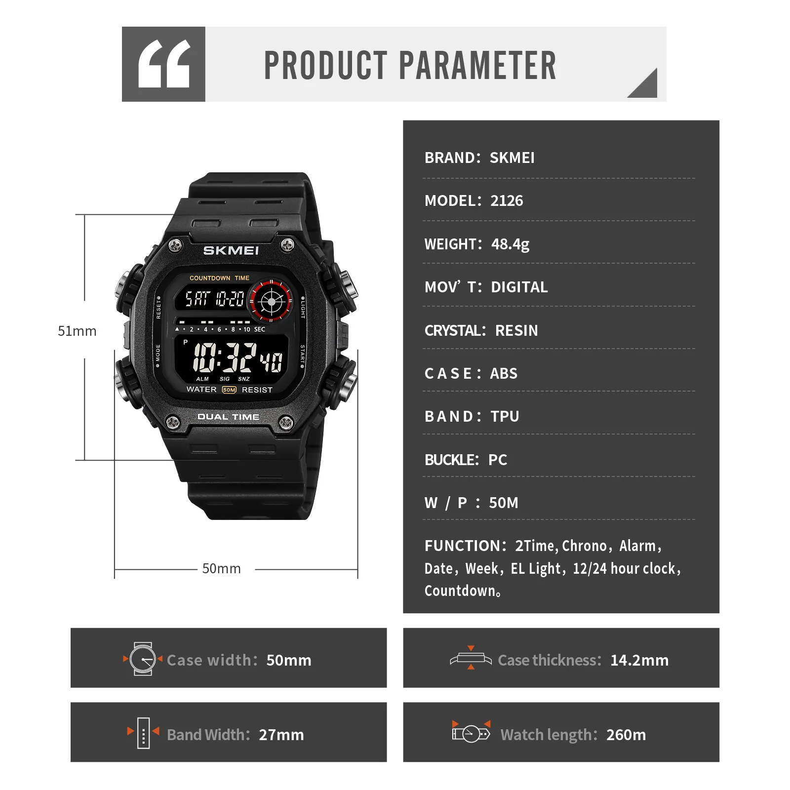 SKMEI 2126  Wristwatch Alarm montre homme Back Light Dightal Countdown Sport Watches Mens Fashion 5Bar Waterproof Stopwatch 6