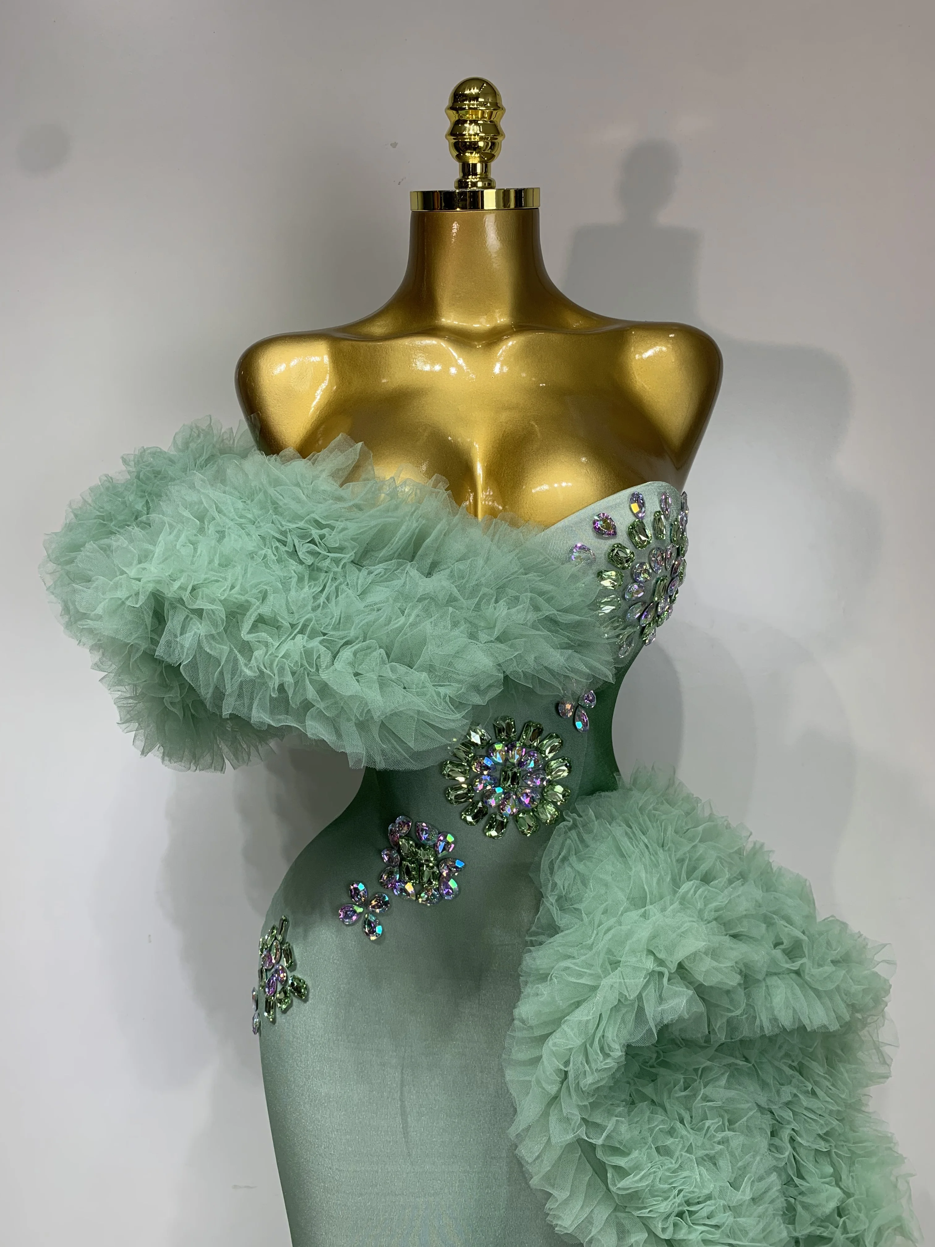 Women Luxury Sparkly Rhinestones Puff Mesh Strapless Maxi Long Spandex Dress Runway Wedding Birthday Photo Shoot Dresses