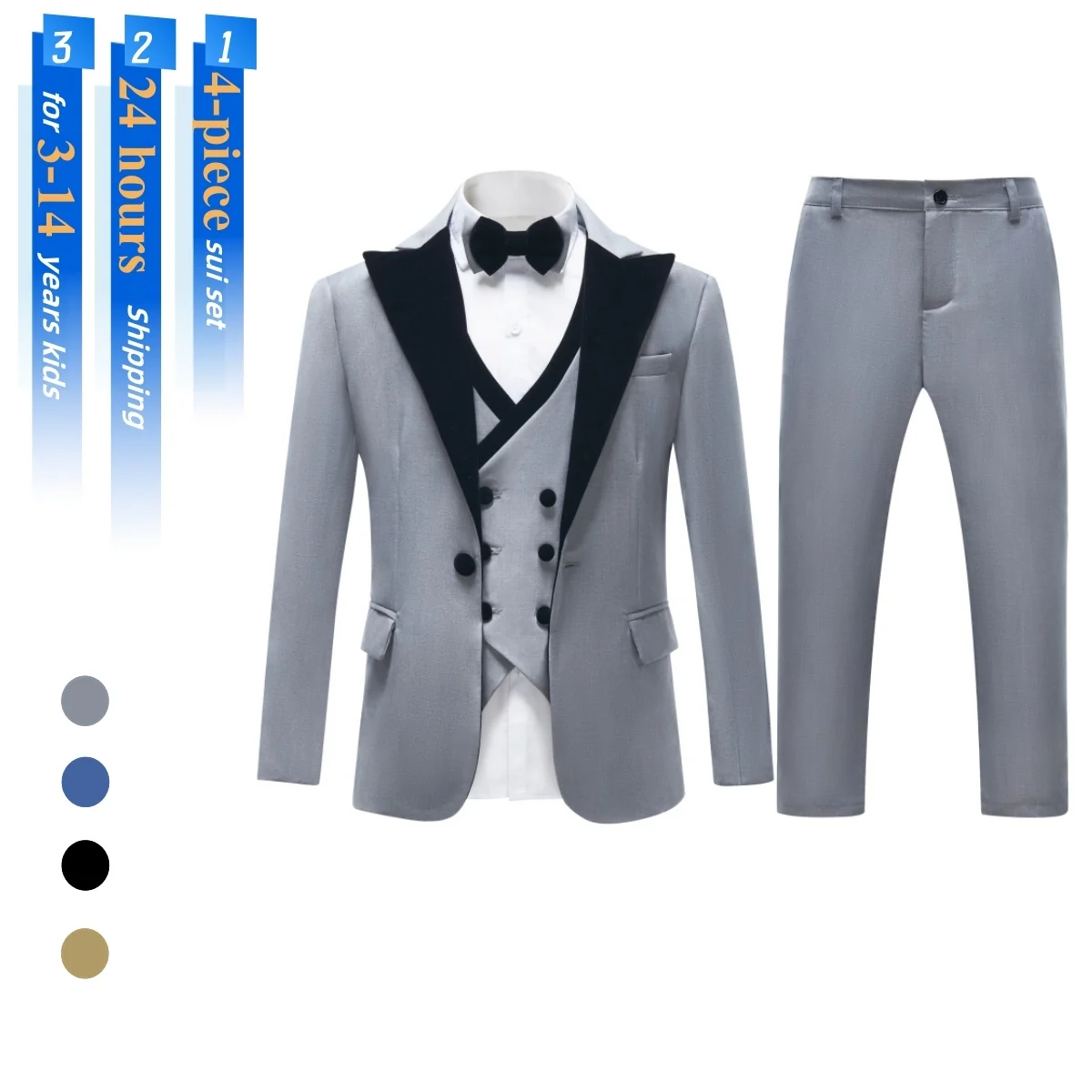 Vintage Grey Suit Set for Toddler Boys - Kids Wedding Suit Set with Velvet Collar - 4 Pieces Tuxedo Set Blazer Vest Pants Bowtie