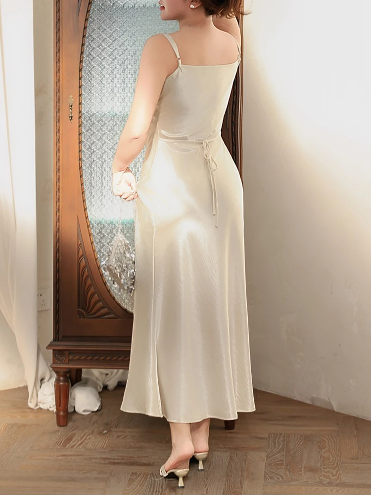 Satin Sexy Slim V-neck Women Mermaid Dress Plus Size 2025 Autumn French Premium Spaghetti Strap Fishtail Long Dress