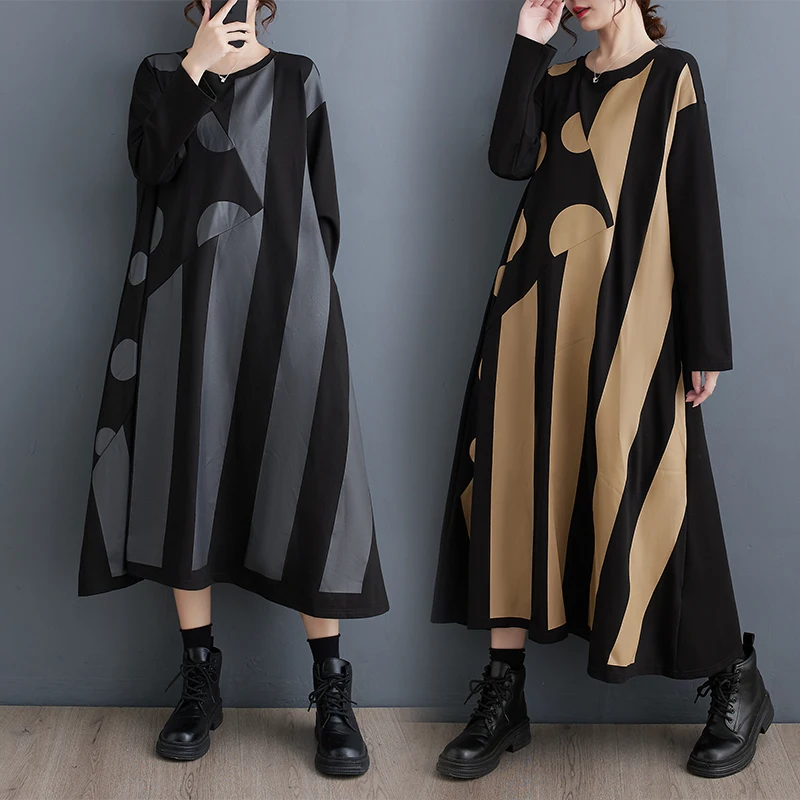 

#4058 Long Sleeve T Shirt Dress Women Polka Dot Printed A-line Dreee Round Neck Loose Split Joint Asymmetrical Midi Dress Autumn