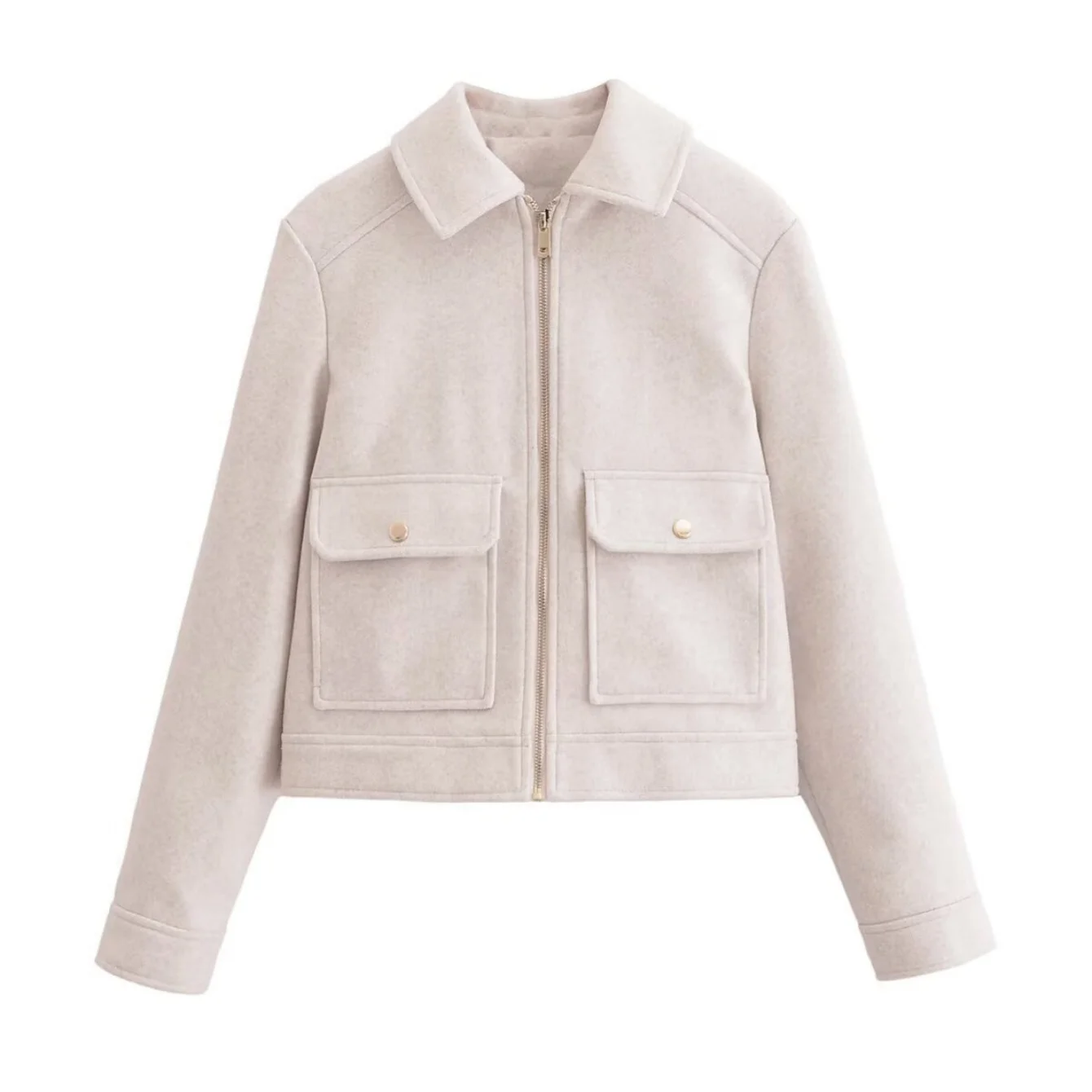 Women Short Woolen Cloth Jackets Autumn Winter Solid Long Sleeve Front Pocket Zipper Jacket Ladies Casual Outerwear Streetwear