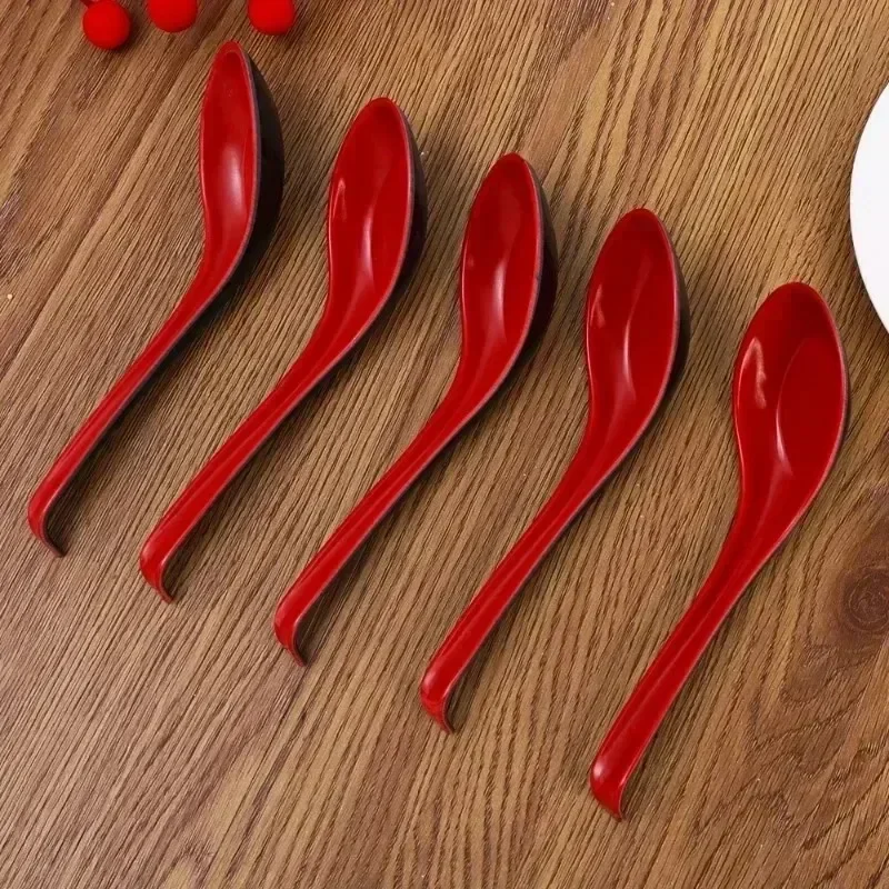 20/1PCS Red Black Soup Spoons Melamine Anti-Shock Plastic Spoon with Hook Dumplings Porridge Dinner Cutlery Restaurant Utensils images - 6