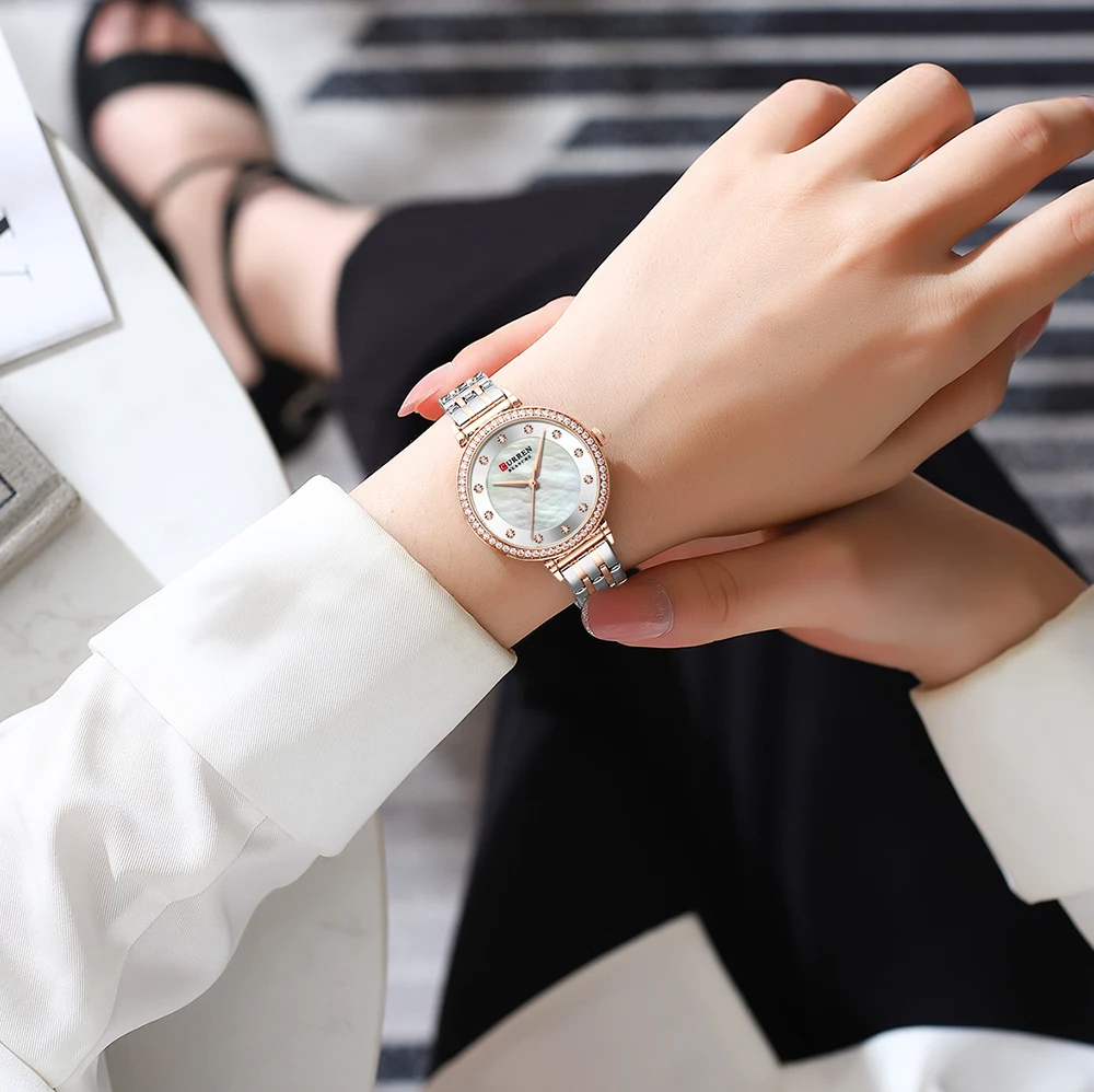 CURREN Luxury Slim Women's Watch Two Tone Stainless Steel Band Mother of Pearl Dial with Rhinestones Elegant Quartz Wristwatch
