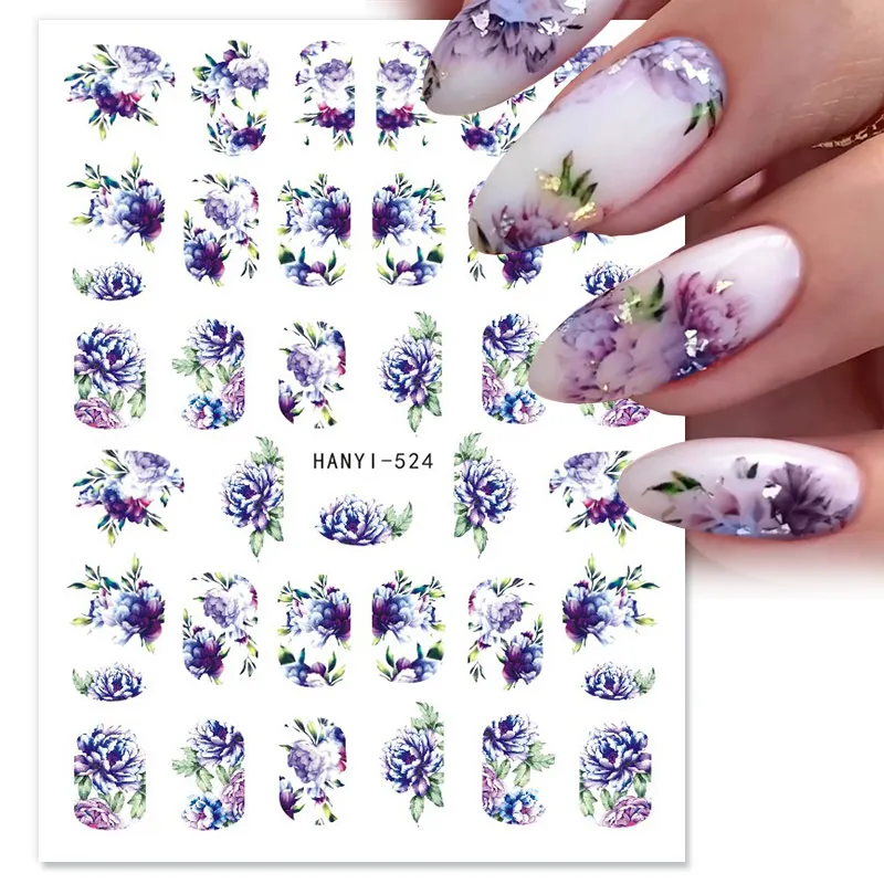 Nail Stickers Purple Flower 3D Watercolor Royalblue White Flowers Holigraphic Leaf Water Decals For Nail Art Manicure Decoration