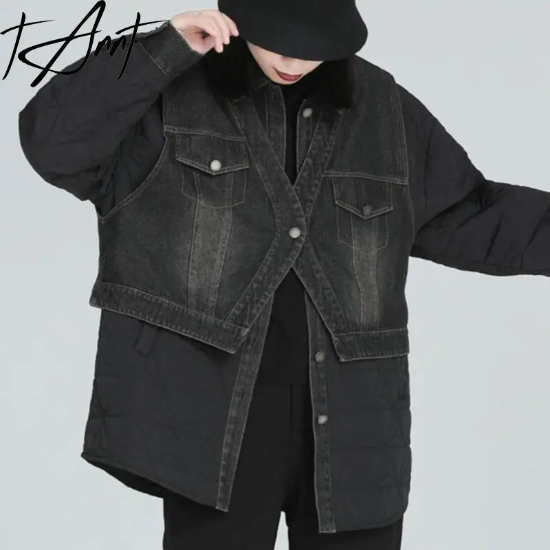 

Tannt Women Parka Denim Patchwork Fake Two Irregular Black Parka Coats Asymmetry Fashion Warm Winter Jacket Coats Women 2023 New