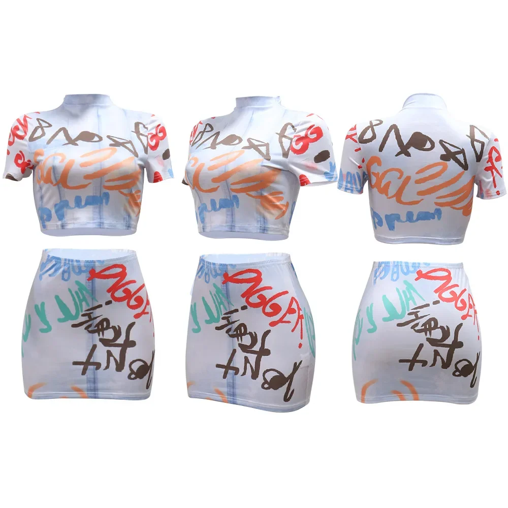 Graphic T Shirts 2 Piece Skirt Sets Mini Elegant Luxury Dress 2024 Summer Clothes Sexy Club Outfit Crop Top Two Piece Skirt Sets