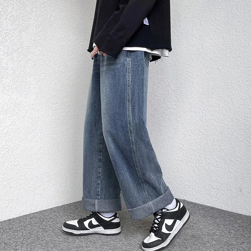 New Mens Wide Leg Jeans Baggy Fashion Oversized Elastic Waist Vintage Bleached Straight Denim PantsTrousers Male Str