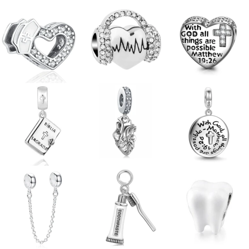 Fine 925 Bracelet Accessories Fit European Silver Plated Charms Dentist Nurse Tooth Stethoscope Diy Bead For Women Men Jewelry 3