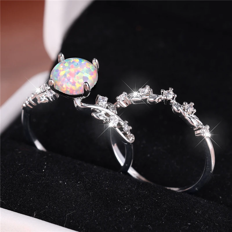 Cute Female White Fire Opal Round Leaf Engagement Ring Set Cute Silver Color Wedding Jewelry For Women