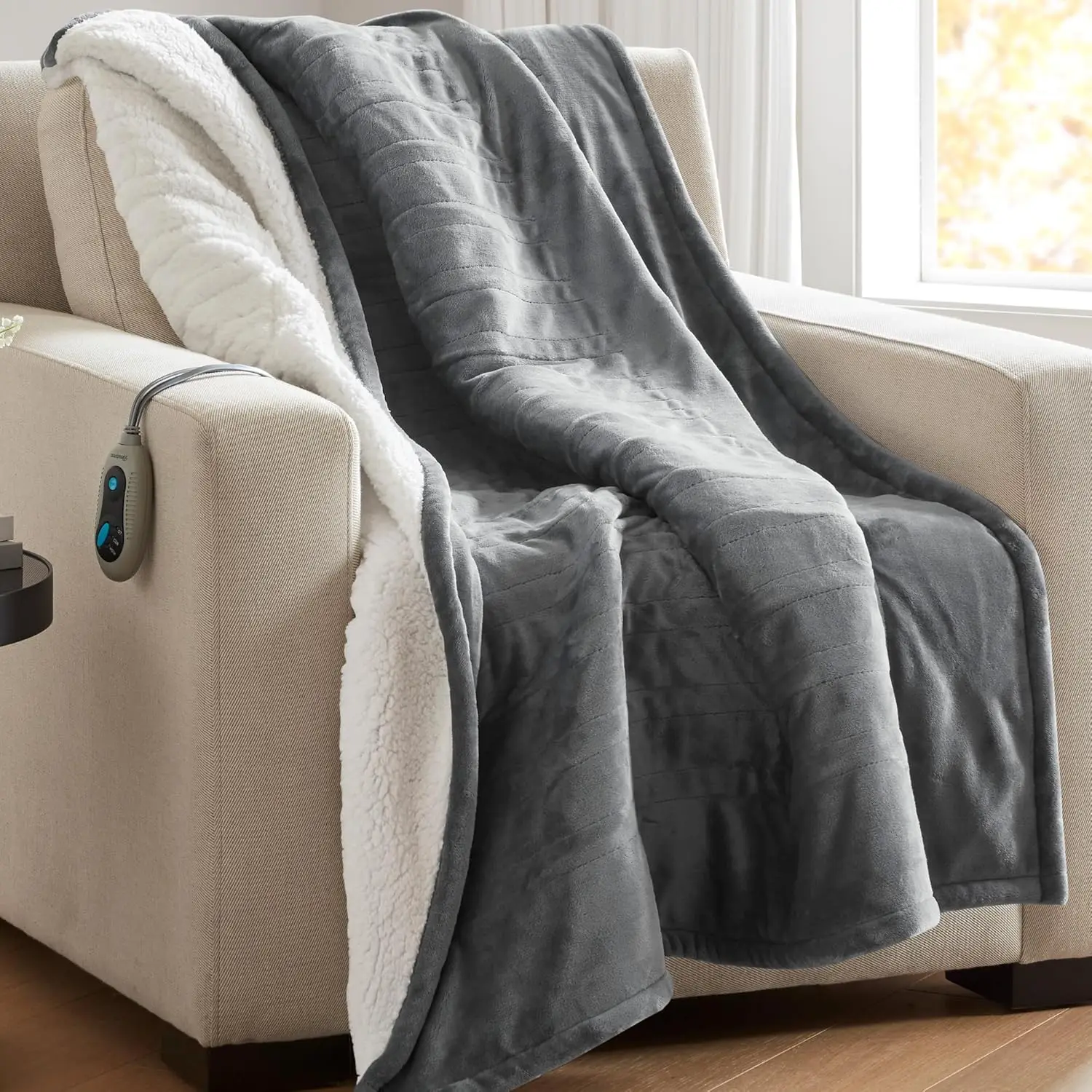 Warm, Reversible Plush-Heating Blanket Throw for Office, 3 Heat Settings, 2 hr Auto Shut Off, Machine Washable, 50 x 60 Grey