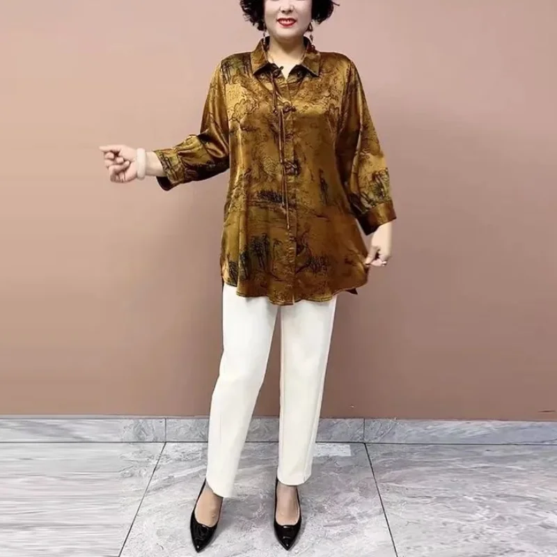 Mommy Outfit New Summer Lapel Cardigan Trendy Button Printed Shirt Loose Casual Breathable Versatile Midi Length 3/4 Sleeve Tops