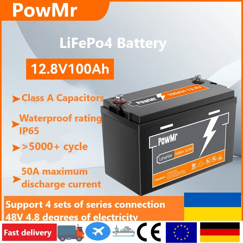 PowMr LiFePO4 12.8V 100AH lithium battery BMS 4 parallel series for RV boat yacht home