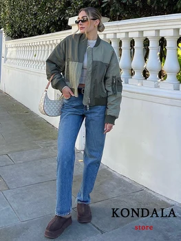 KONDALA Streetwear Armygreen Bomber Jackets Women Patchwork Zipper Pockets Oversized Jackets Fashion 2025 Winter Spring Coats 2