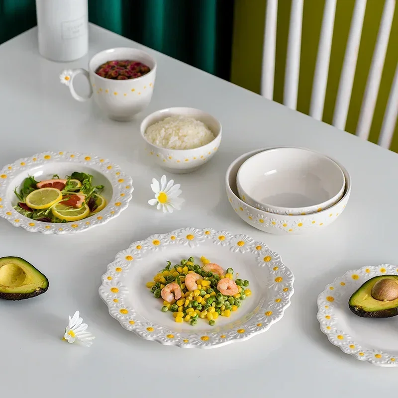 Daisy Dinner Set Ceramic Tableware Salad Soup Bowl Rice Dessert Dish Coffee Plate Cup Saucer Dinner Mug Set Dinnerware