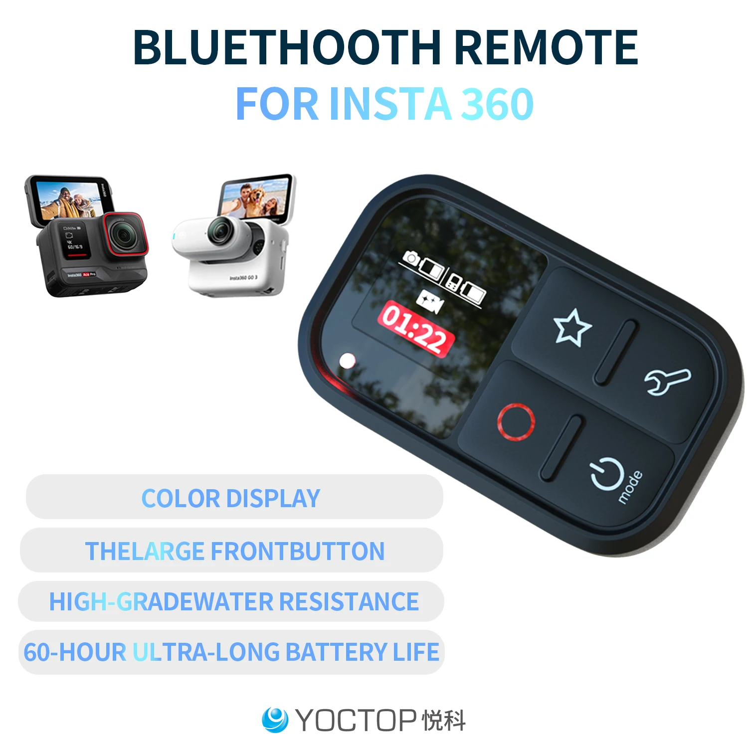 YOCTOP Bluetooth-Fernbedienung, wasserdichtes Zubehör, geeignet für Insta360 Sportkameras X3, X4, X5, GO 3S, Ace Pro2