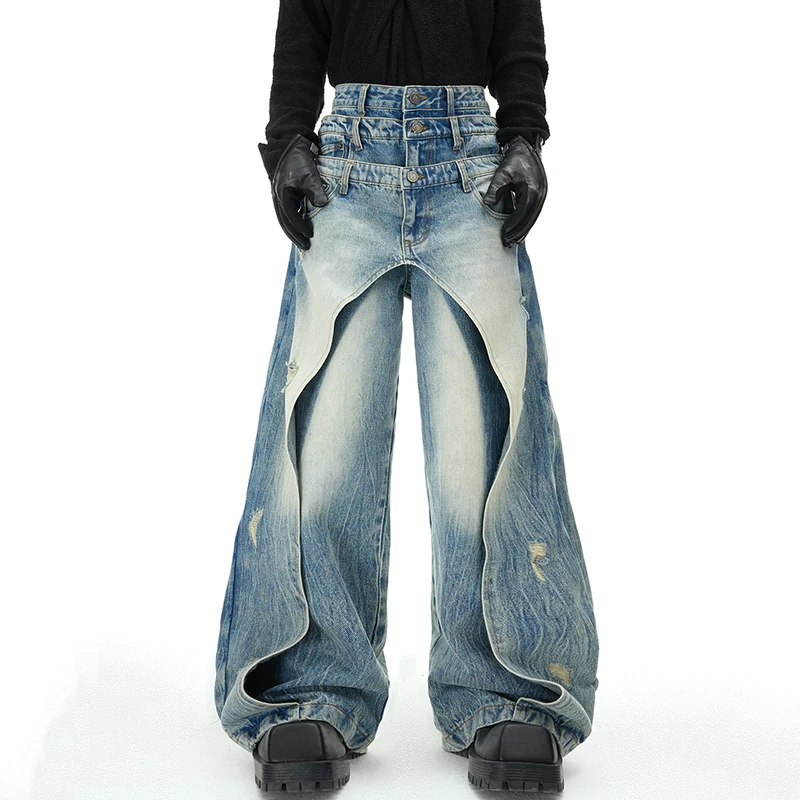 FEWQ Niche Design Men's Jeans Patchwork Layered Multi-wasit Worn-out Solid Color Wide Leg Straight Male Denim Pants 2025 24K1304 2