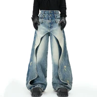 FEWQ Niche Design Men's Jeans Patchwork Layered Multi-wasit Worn-out Solid Color Wide Leg Straight Male Denim Pants 2025 24K1304 2