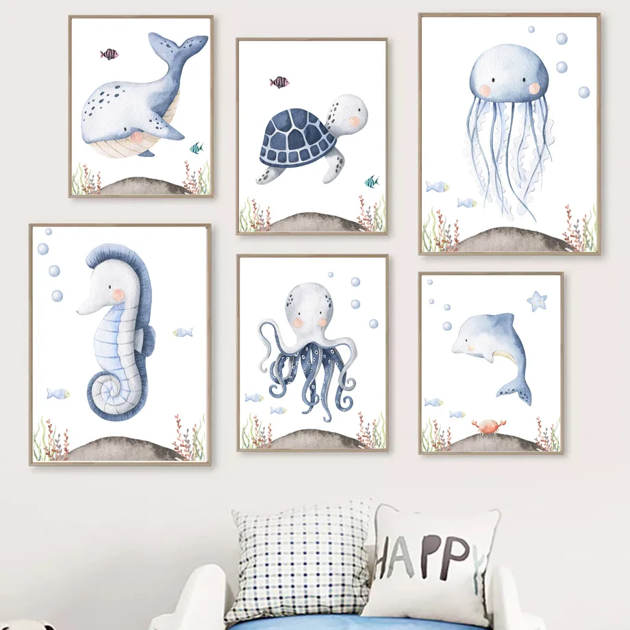 

Marine Life Whale Dolphin Octopus Turtle Nursery Nordic Poster Wall Art Print Canvas Painting Girl Pictures Baby Kids Room Decor