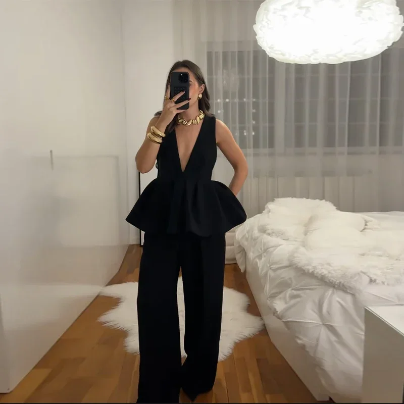 Black Elegant Pant Suit Women V-neck Sleeveless Ruffles Tank Tops Loose Trouser Female 2 Pieces 2025 Fashion Lady Outfits New