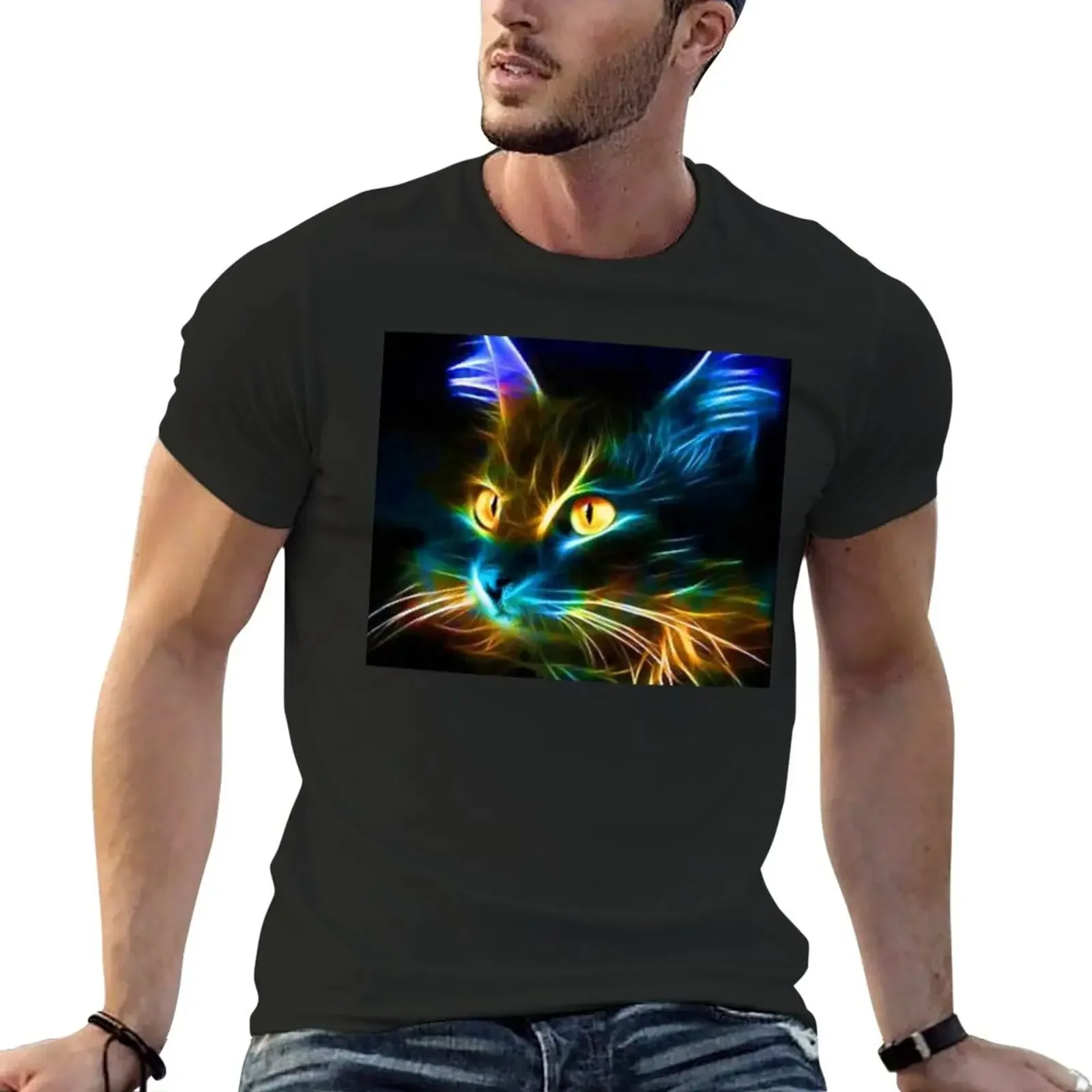 

2024 Spring and Fall T Shirt Rainbow Neon Cat T-Shirt Oversizeds for A Boy T Shirts for Men Short Sleeves Pure Cotton Streetwear