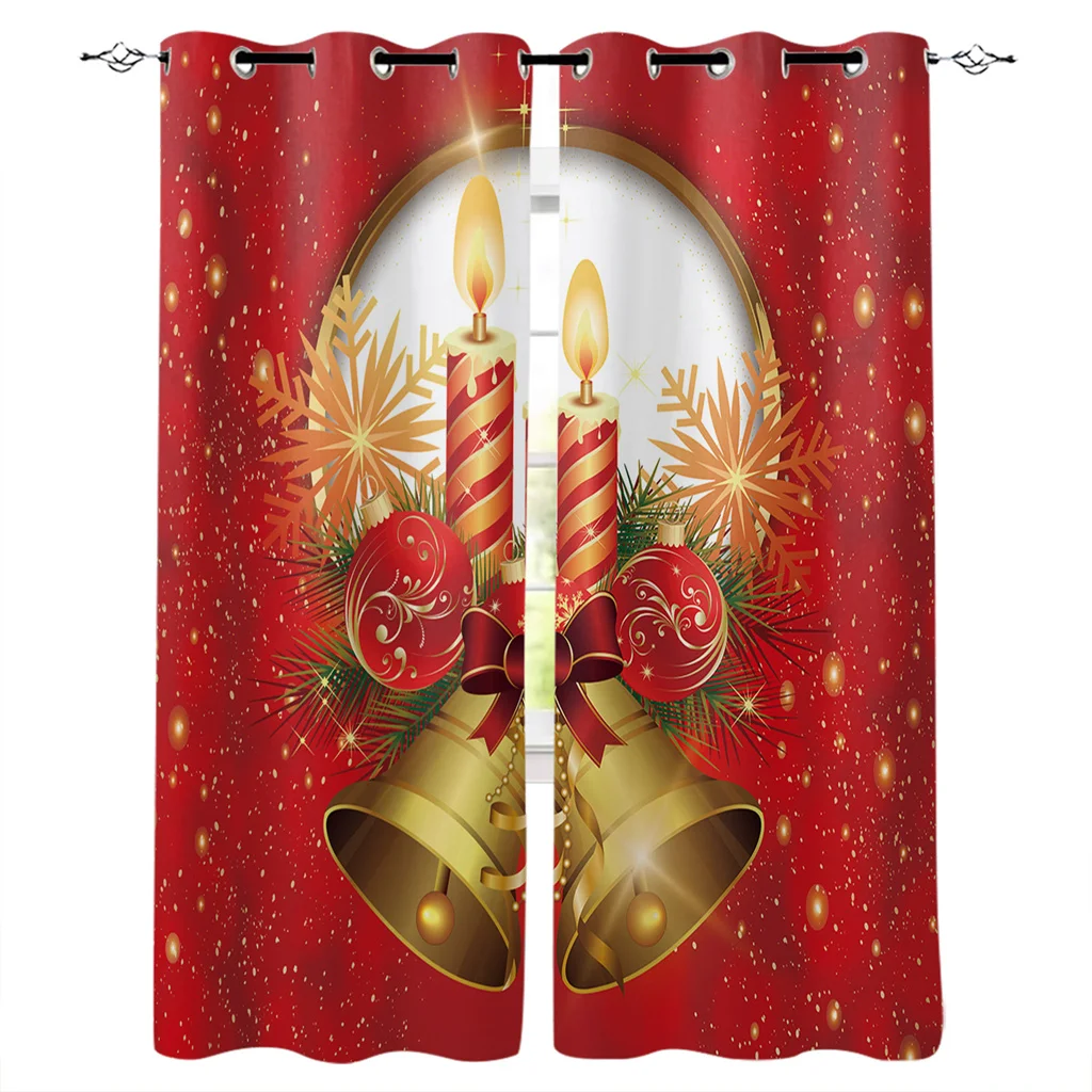 

Christmas Bells Candles Lights Red Window Curtains 2 Panels Made Finished Drapes Home Decor Kids Room Window Treatments Curtains