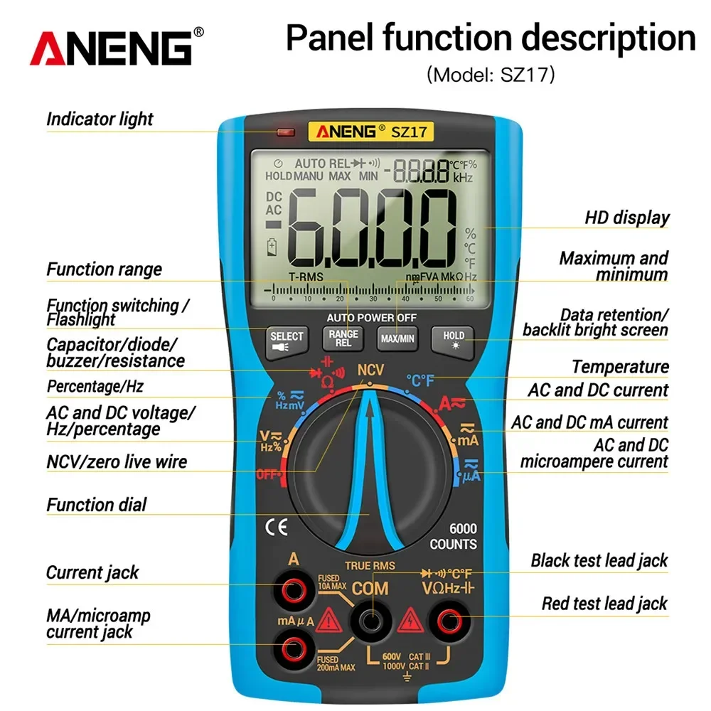 ANENG SZ17 DIY Transistor Capacitor NCV Detector Lcr Meter Digital Multimeter 6000 Professional True RMS AC/DC Analog Tester