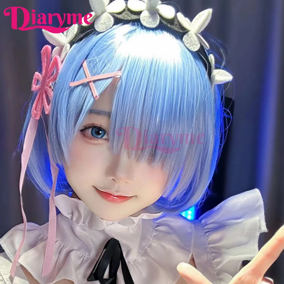 Blue Cos Wig Synthetic Short Straight Anime “Rem” Cosplay Wig With Bangs For Holiday Party Halloween Costume Wigs For Women Loli