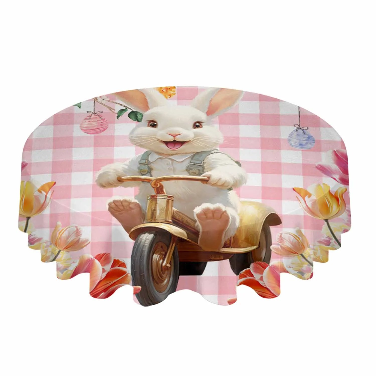 

Круглая скатерть в клетку с пасхальными кроликами, ветками тюльпана, яйцами, водонепроницаемая скатерть для свадебного банкета, Декоративная скатерть для обеда