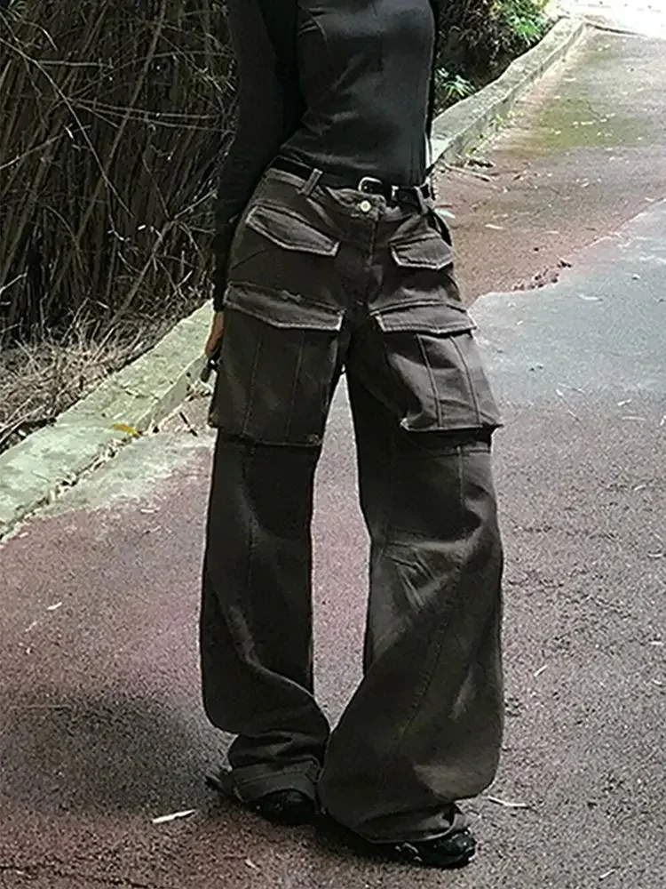 Womens Cargo Pant with Pocket High Waisted Loose Straight Leg Casual Pants @harajuku streetwear y2k boyfriend bf cloth plus size