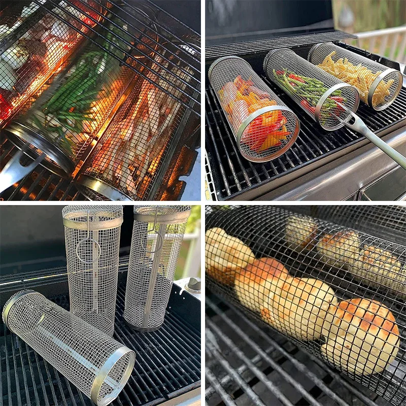 BBQ Basket Stainless Steel Rolling Wire Mesh Cylinder Basket Portable Round Outdoor Camping Rack Barbecue Kitchen Utensils Bar